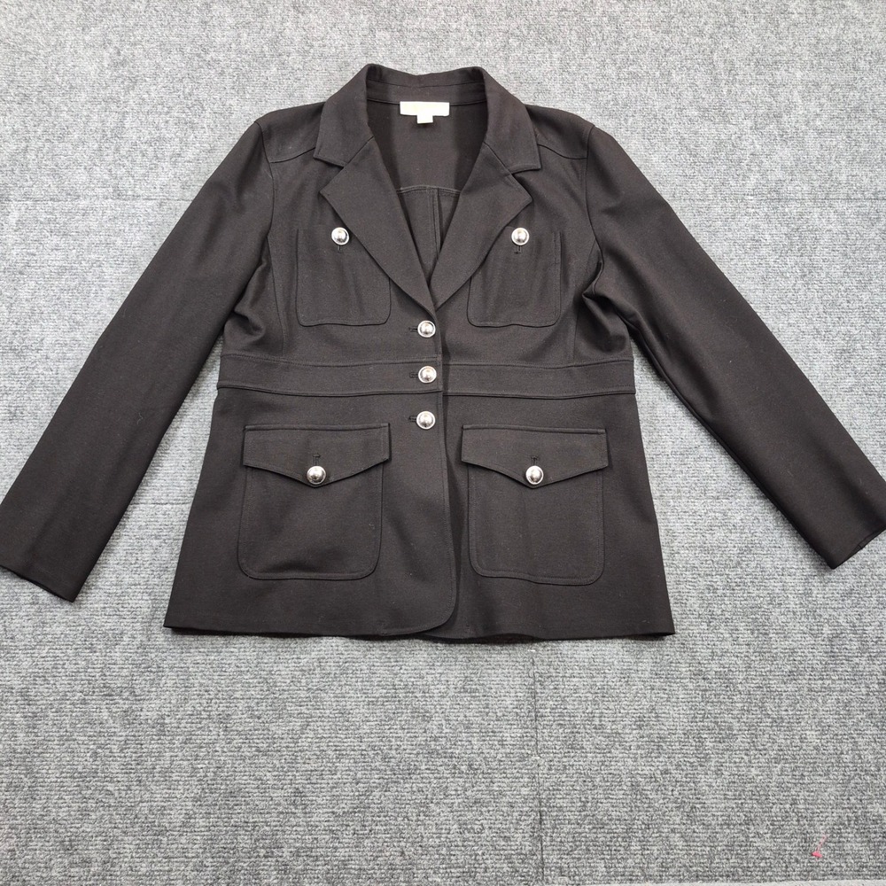 Michael Kors Womens XL Black Ponte Utility Blazer Silver Logo Button Jacket